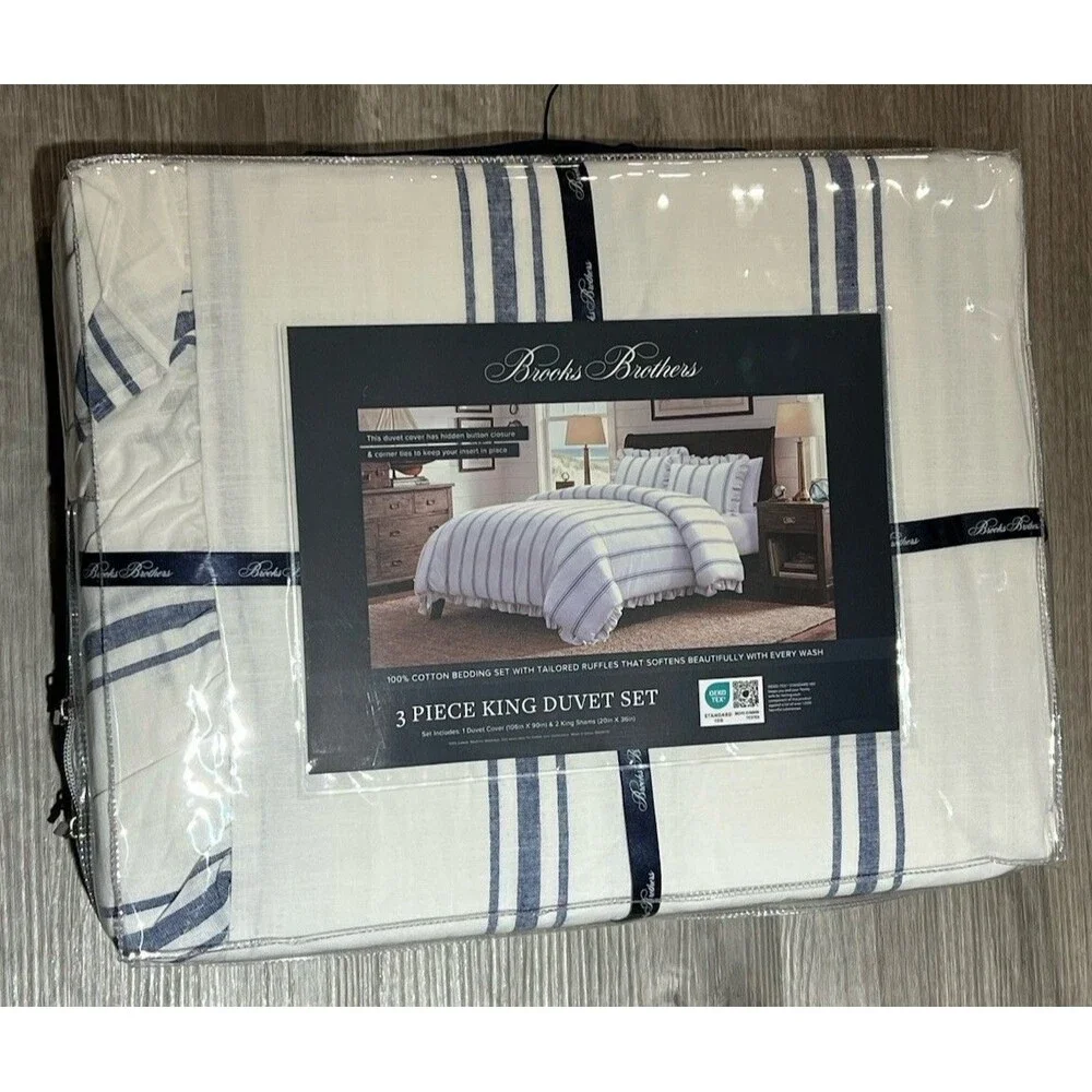 Brooks Brothers White Blue Striped Cotton Ruffled 3 Pc King Duvet Set New